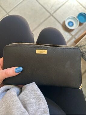 kate spade Black Saffiano Zip-Around Wallet with Gold Plate